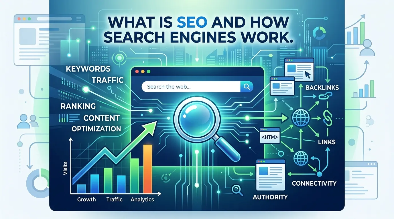 Illustration of search engine optimization process showing website ranking improvement on Google search results
