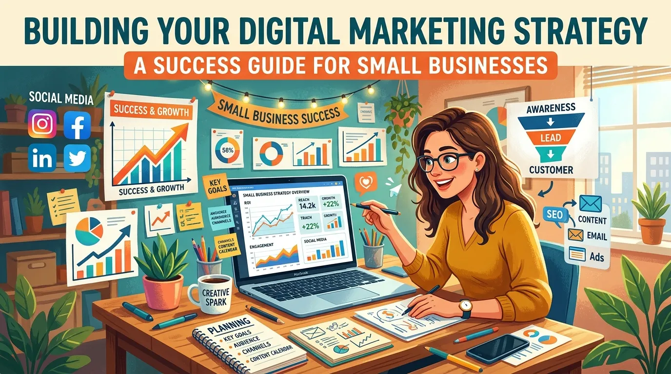 Small business owner planning digital marketing strategy on laptop with charts, social media icons, and SEO analytics dashboard.