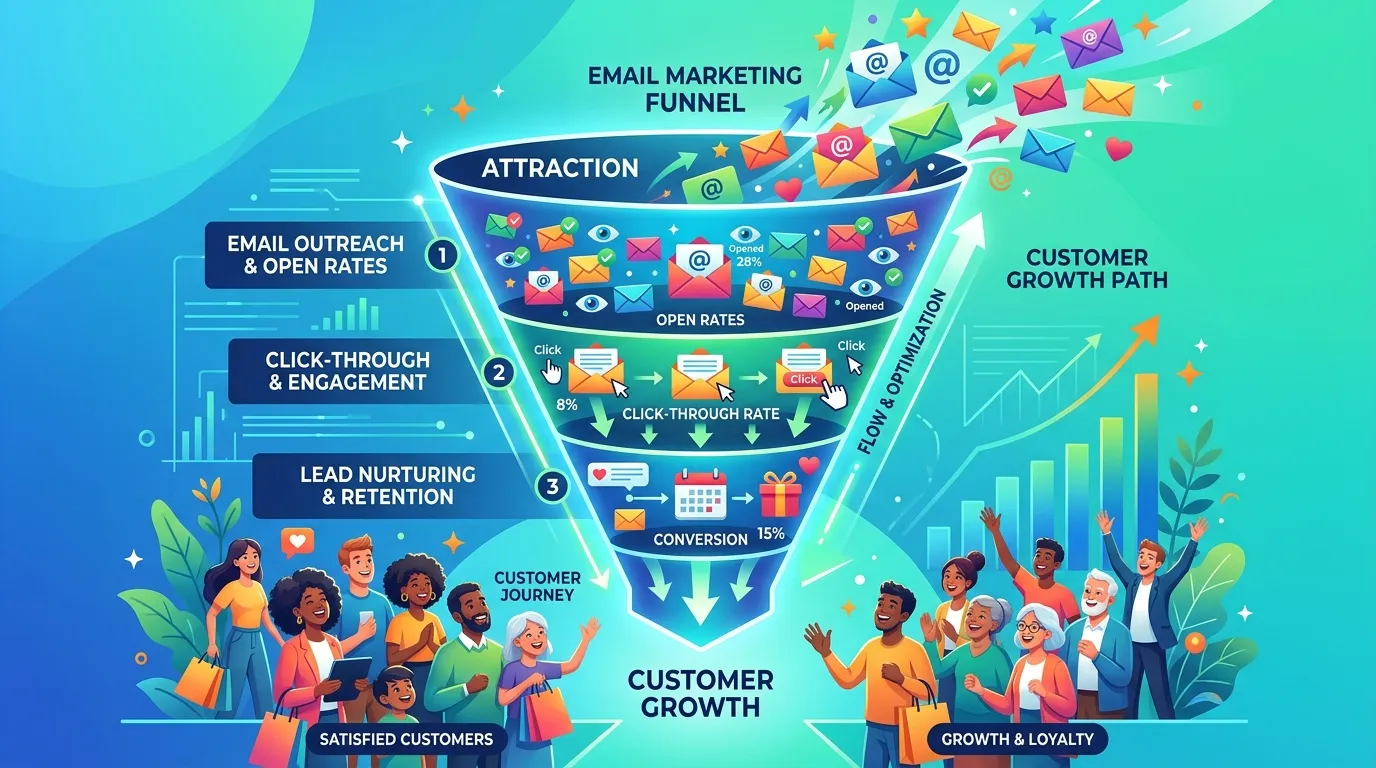 Email marketing funnel diagram showing lead capture, email automation, customer engagement, and repeat sales growth for small business.