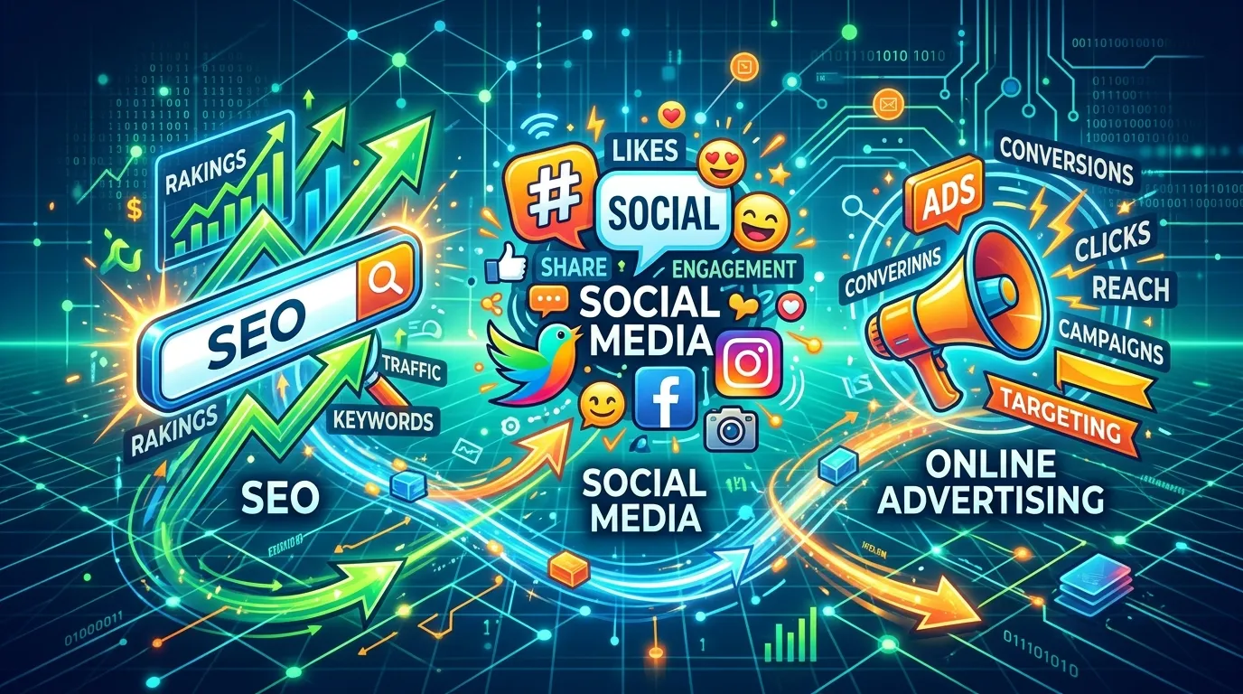 Visual comparison of SEO, social media marketing, and paid ads showing search results, social posts, and PPC campaign performance metrics.